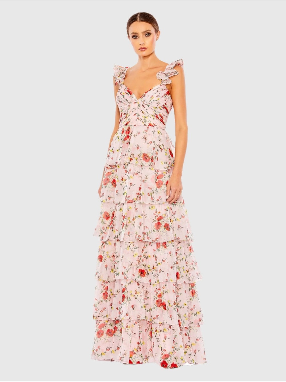Ieena for Mac Duggal Pink Ruffled Sleeveless Draped Tiered Floral Print Gown